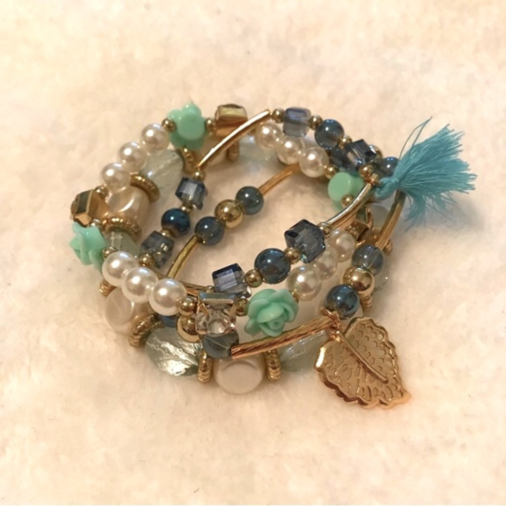 Four Piece Bangle Stretch Gold Leaf white Faux Pearls light blue flower beads!